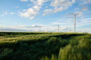 Beautiful Grassy Field With Windmills Distance Blue Sky