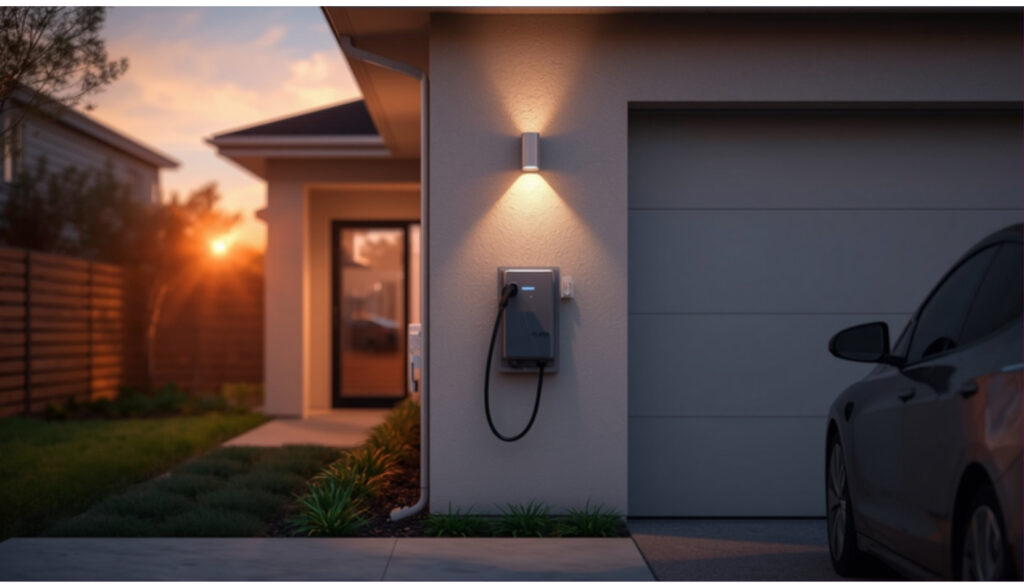 Wallbox de recarga para coche eléctrico instalada en fachada residencial al atardecer