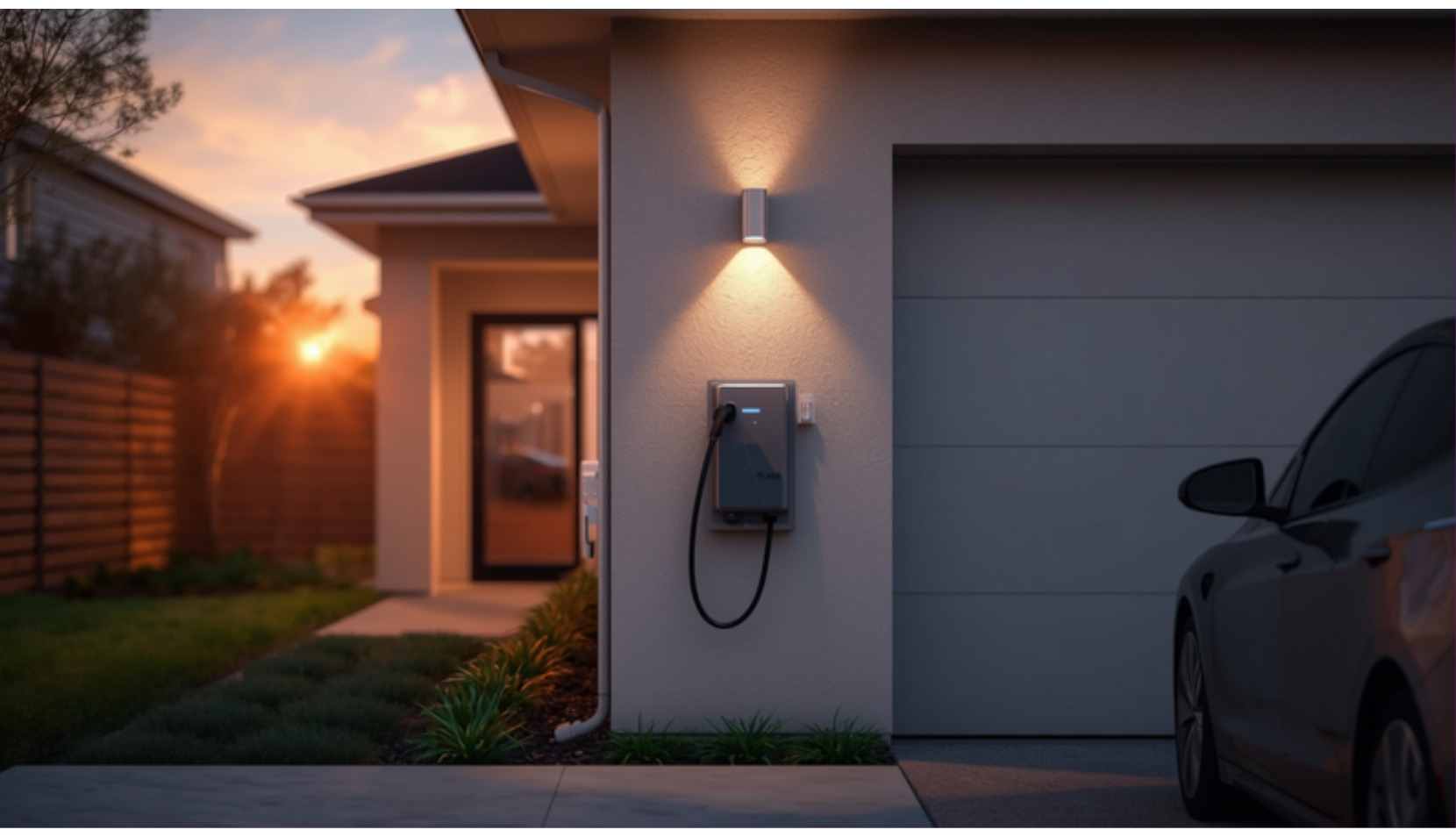 Wallbox de recarga para coche eléctrico instalada en fachada residencial al atardecer