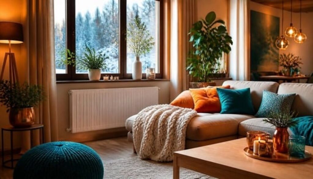 Equilibrado hidráulico de calefacción: radiador en un salón acogedor con plantas y cojines de colores