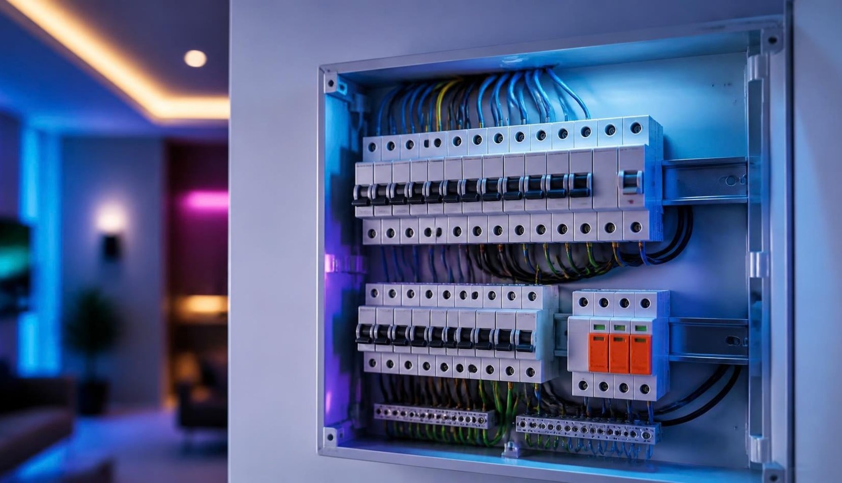 Protectores contra sobretensiones: portada Protectores contra sobretensiones en un cuadro eléctrico moderno con iluminación azul y violeta